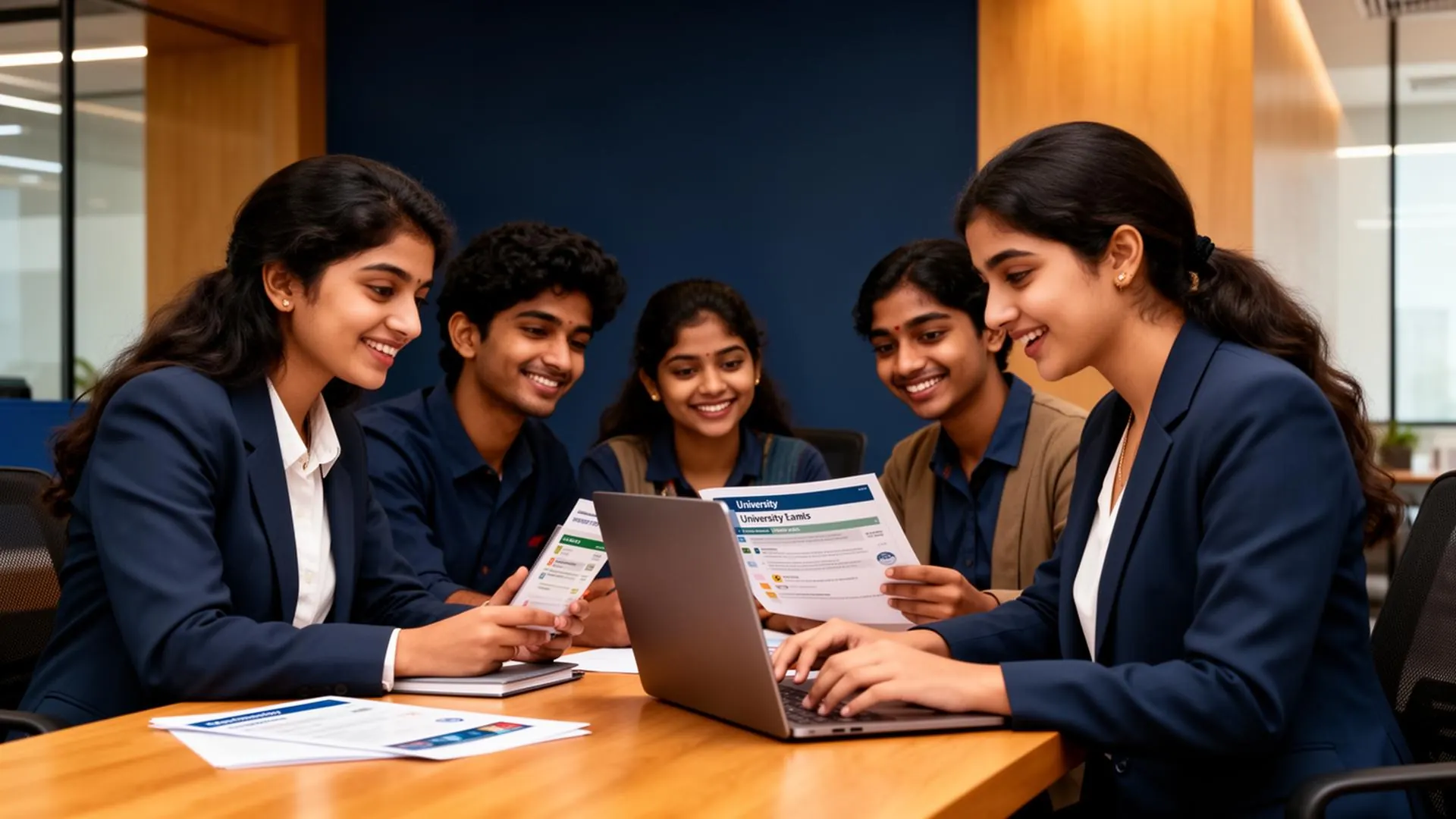 Students reviewing university brochures together with an admission adviser
