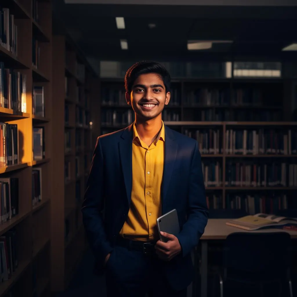 Management student standing in a library (illustrative)
