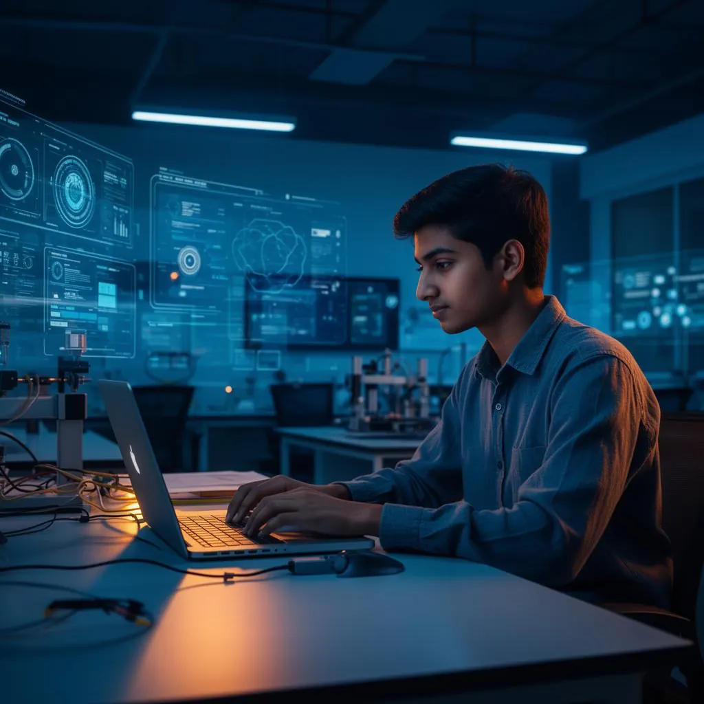 Student working at a computer in a technology lab (illustrative)