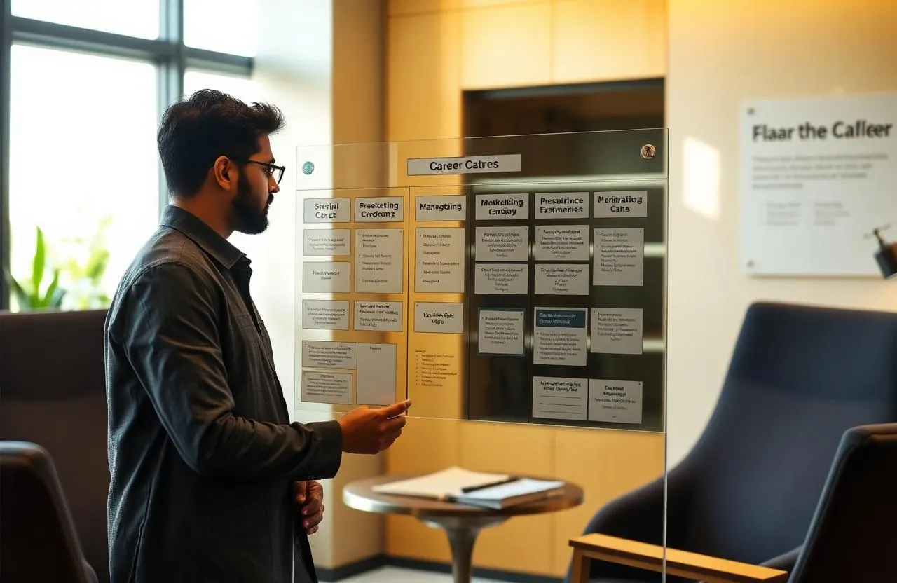 Student studying a careers board (illustrative)