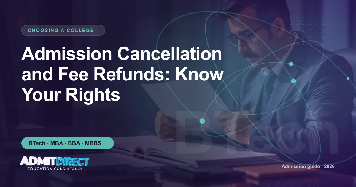 Person carefully reading official admission documents, with the title “Admission Cancellation and Fee Refunds: Know Your Rights” — AdmitDirect article cover