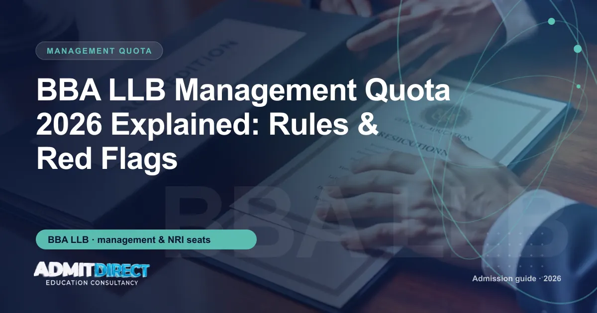 Accreditation file and certificate on a desk, with the title “BBA LLB Management Quota 2026 Explained: Rules & Red Flags” — AdmitDirect article cover
