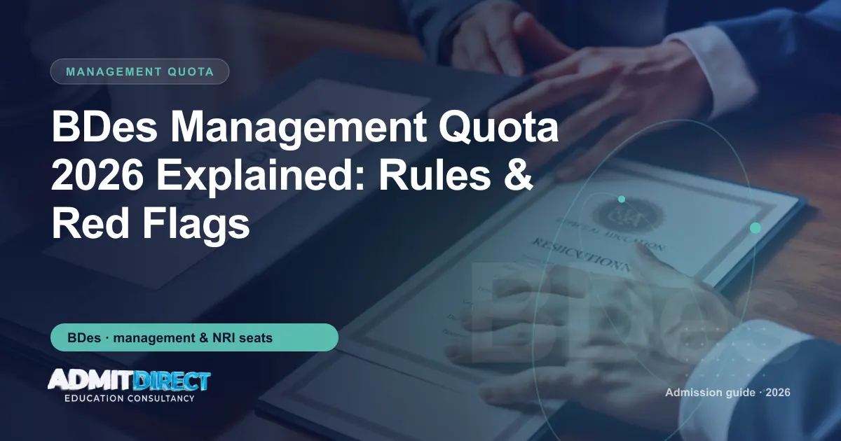 Accreditation file and certificate on a desk, with the title “BDes Management Quota 2026 Explained: Rules & Red Flags” — AdmitDirect article cover