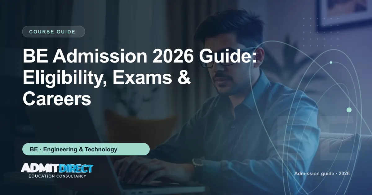 Student studying on a laptop, with the title “BE Admission 2026 Guide: Eligibility, Exams & Careers” — AdmitDirect article cover