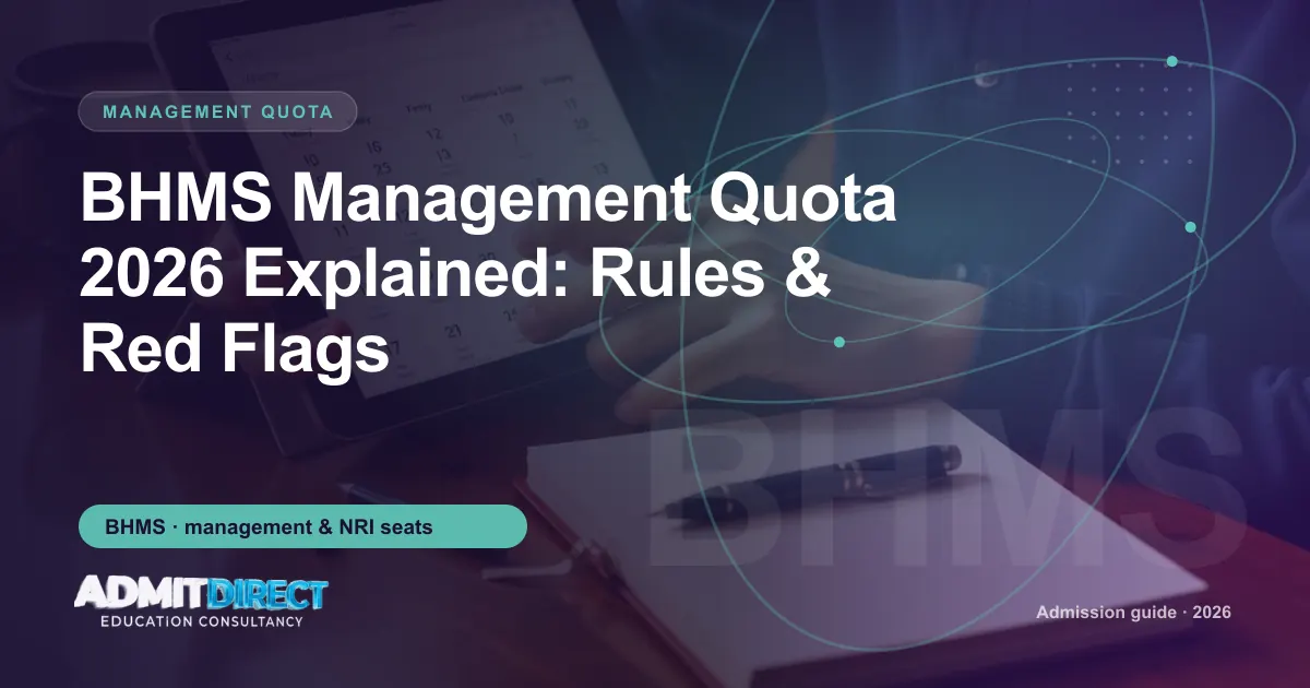 Student checking an admission calendar on a tablet, with the title “BHMS Management Quota 2026 Explained: Rules & Red Flags” — AdmitDirect article cover