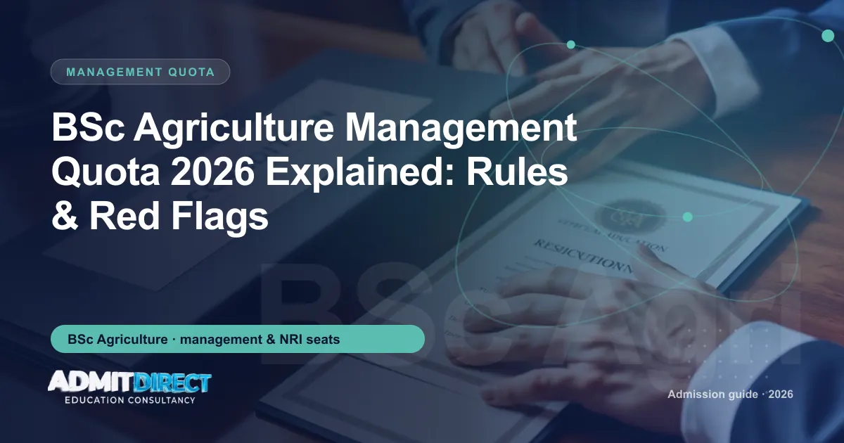 Accreditation file and certificate on a desk, with the title “BSc Agriculture Management Quota 2026 Explained: Rules & Red Flags” — AdmitDirect article cover