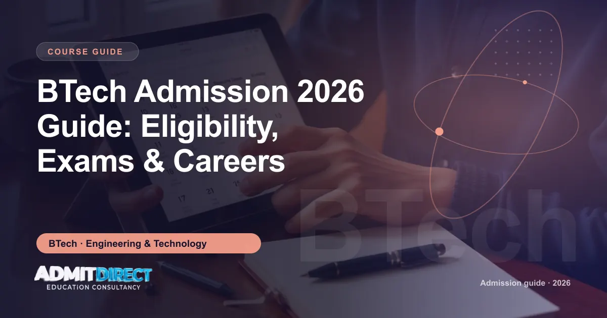 Student checking an admission calendar on a tablet, with the title “BTech Admission 2026 Guide: Eligibility, Exams & Careers” — AdmitDirect article cover