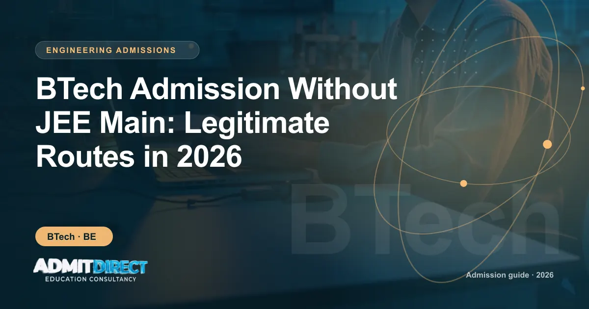 Student working at a computer in a technology lab, with the title “BTech Admission Without JEE Main: Legitimate Routes in 2026” — AdmitDirect article cover