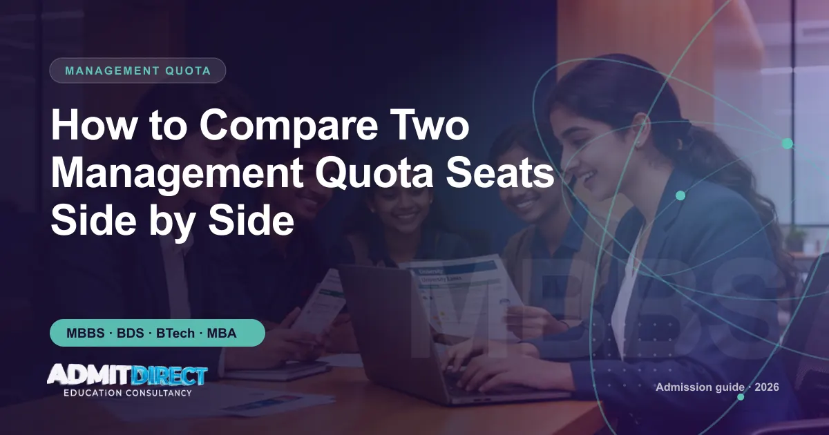 Students reviewing university brochures together, with the title “How to Compare Two Management Quota Seats Side by Side” — AdmitDirect article cover