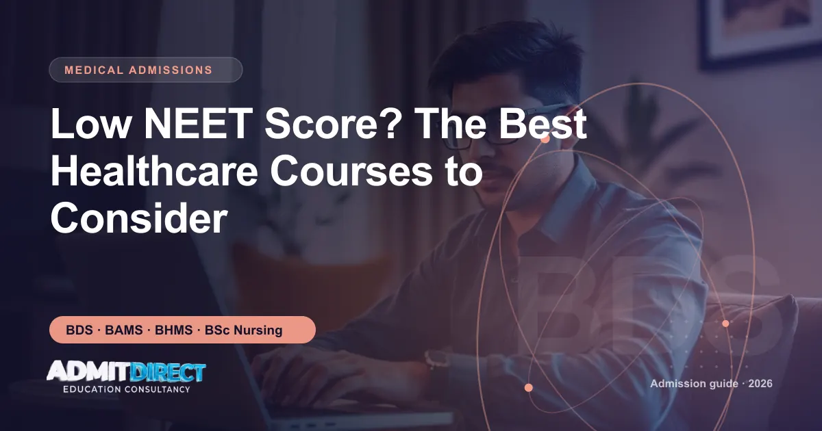 Student studying on a laptop, with the title “Low NEET Score? The Best Healthcare Courses to Consider” — AdmitDirect article cover