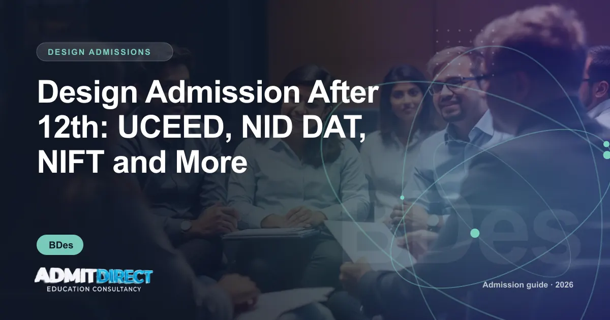 Students in a classroom discussion with a faculty member, with the title “Design Admission After 12th: UCEED, NID DAT, NIFT and More” — AdmitDirect article cover