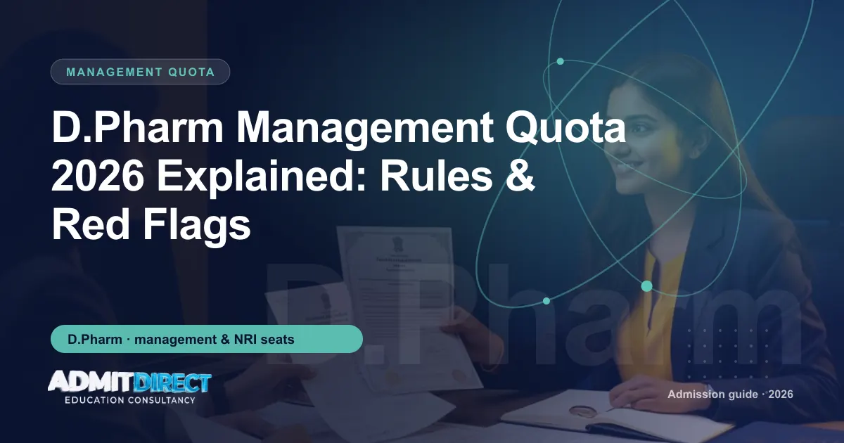 Admission adviser and student reviewing documents across a desk, with the title “D.Pharm Management Quota 2026 Explained: Rules & Red Flags” — AdmitDirect article cover