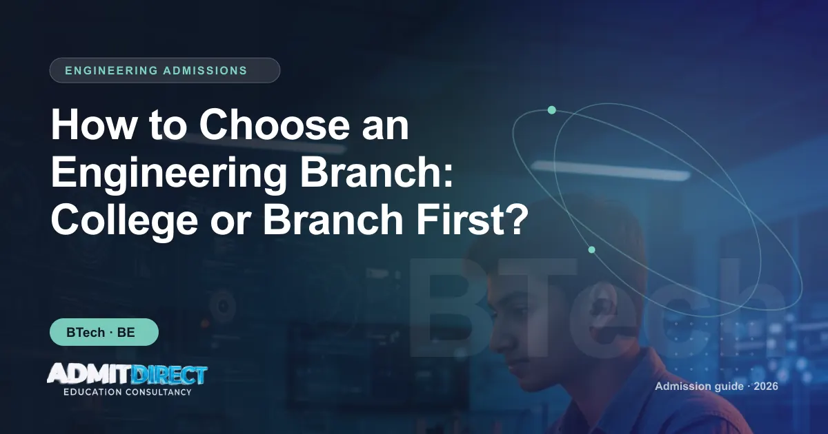 Student working at a computer in a technology lab, with the title “How to Choose an Engineering Branch: College or Branch First?” — AdmitDirect article cover
