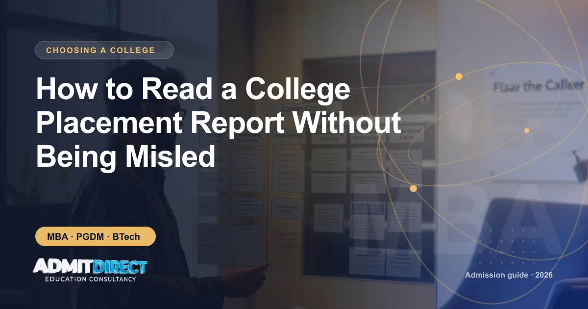 Student studying a careers board of job roles, with the title “How to Read a College Placement Report Without Being Misled” — AdmitDirect article cover