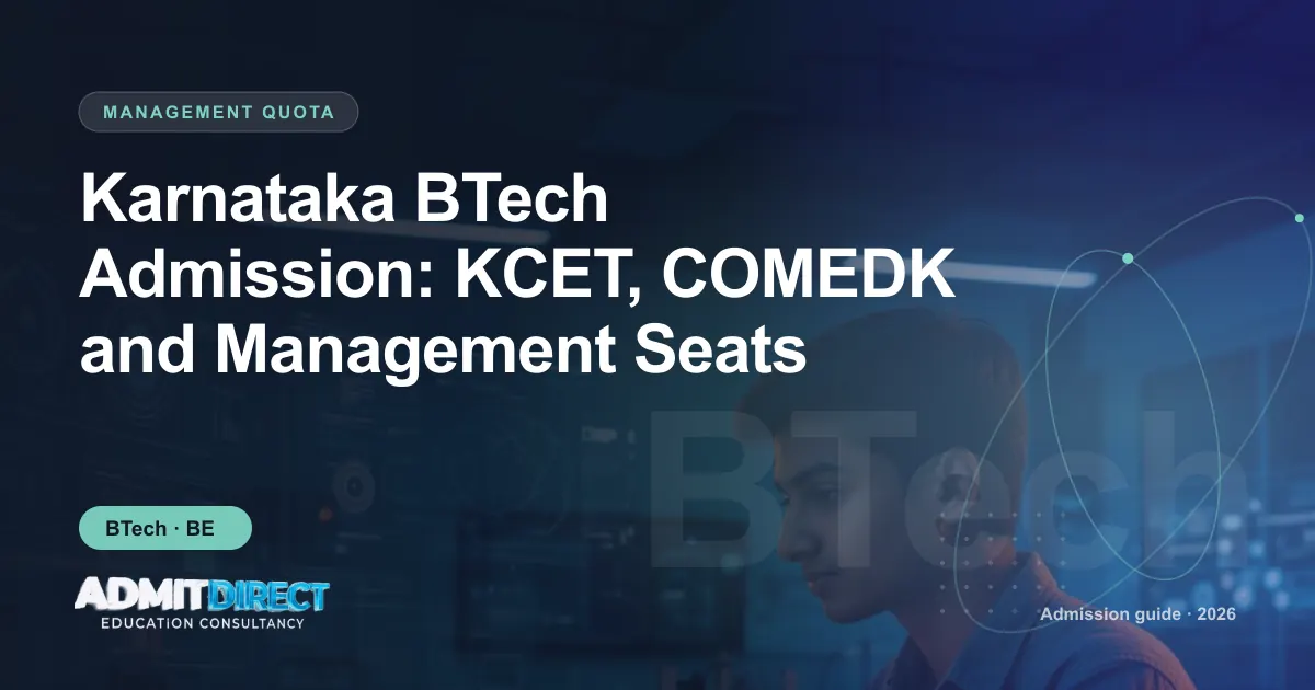 Student working at a computer in a technology lab, with the title “Karnataka BTech Admission: KCET, COMEDK and Management Seats” — AdmitDirect article cover