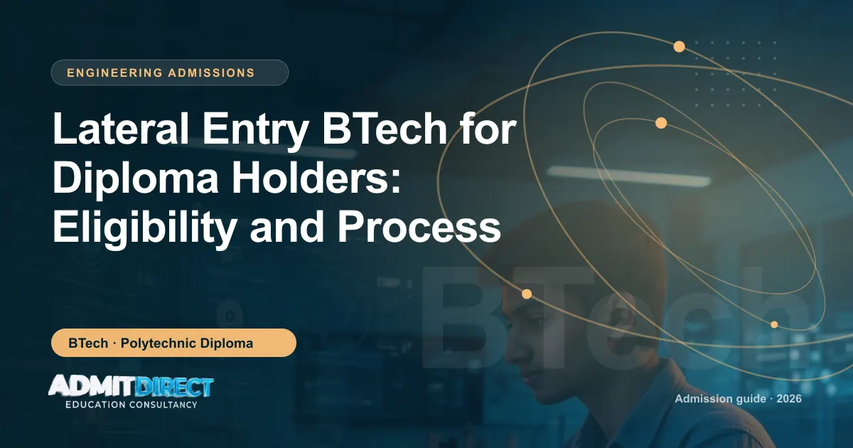 Student working at a computer in a technology lab, with the title “Lateral Entry BTech for Diploma Holders: Eligibility and Process” — AdmitDirect article cover