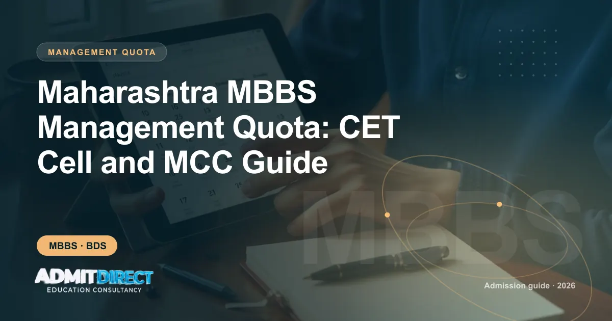 Student checking an admission calendar on a tablet, with the title “Maharashtra MBBS Management Quota: CET Cell and MCC Guide” — AdmitDirect article cover