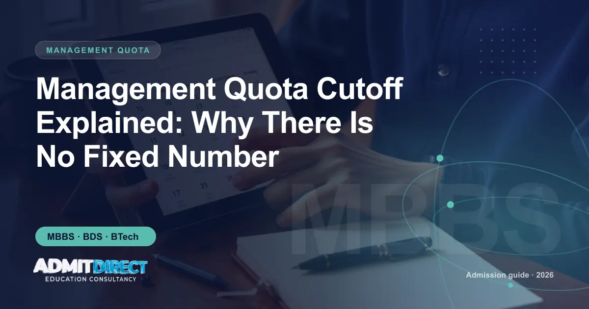Student checking an admission calendar on a tablet, with the title “Management Quota Cutoff Explained: Why There Is No Fixed Number” — AdmitDirect article cover