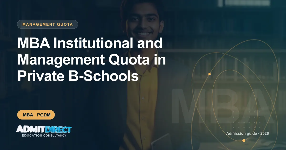 Management student standing in a library, with the title “MBA Institutional and Management Quota in Private B-Schools” — AdmitDirect article cover