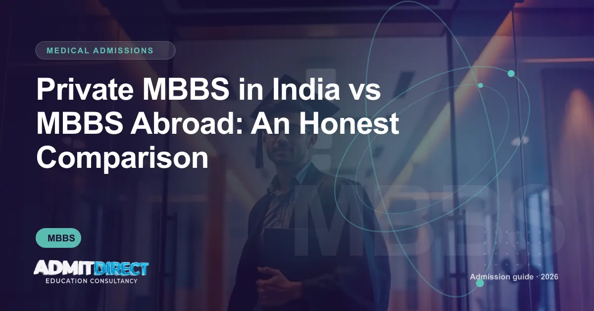 Graduate in cap and gown in a university corridor, with the title “Private MBBS in India vs MBBS Abroad: An Honest Comparison” — AdmitDirect article cover