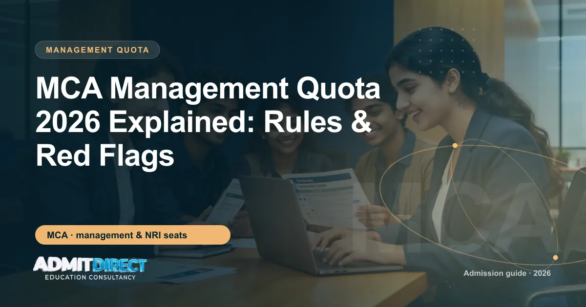 Students reviewing university brochures together, with the title “MCA Management Quota 2026 Explained: Rules & Red Flags” — AdmitDirect article cover