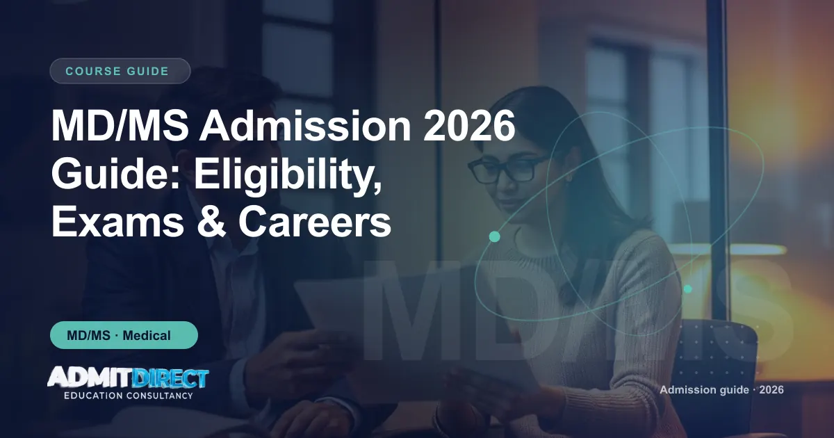 Adviser and student going through eligibility paperwork, with the title “MD/MS Admission 2026 Guide: Eligibility, Exams & Careers” — AdmitDirect article cover
