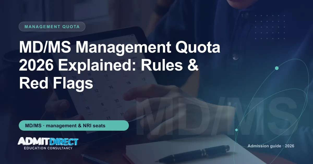 Student checking an admission calendar on a tablet, with the title “MD/MS Management Quota 2026 Explained: Rules & Red Flags” — AdmitDirect article cover