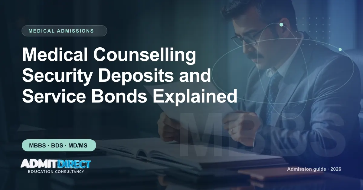 Person carefully reading official admission documents, with the title “Medical Counselling Security Deposits and Service Bonds Explained” — AdmitDirect article cover