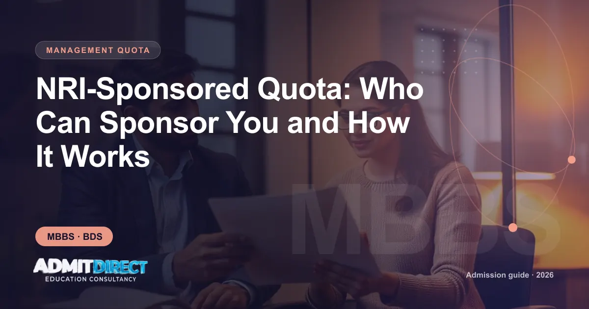Adviser and student going through eligibility paperwork, with the title “NRI-Sponsored Quota: Who Can Sponsor You and How It Works” — AdmitDirect article cover