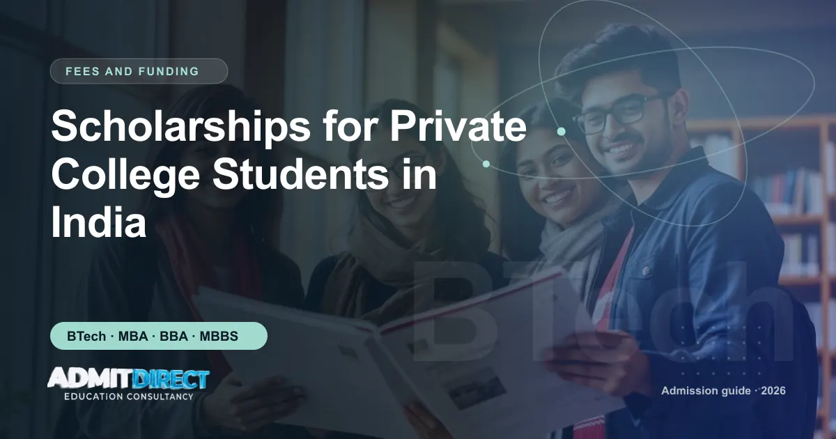 Students looking through a college prospectus together, with the title “Scholarships for Private College Students in India” — AdmitDirect article cover