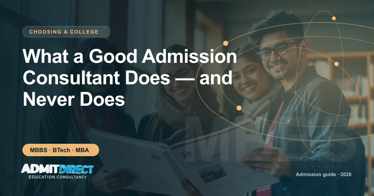 Students looking through a college prospectus together, with the title “What a Good Admission Consultant Does — and Never Does” — AdmitDirect article cover